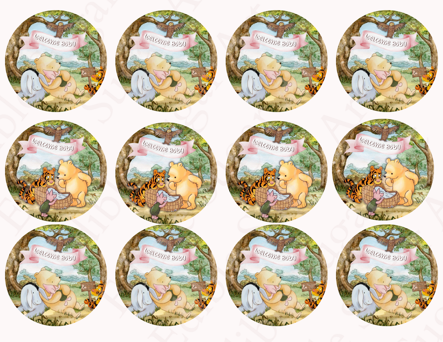 POOH BEAR CUPCAKE Toppers Baby Shower Cupcake toppers Pooh bear baby shower cake Vintage Pooh bear Cupcake toppers Edible Cupcake toppers