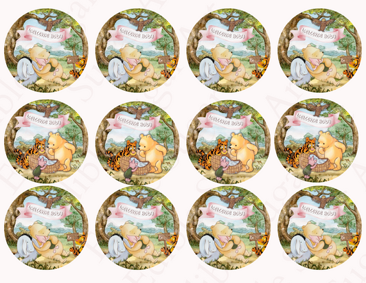 POOH BEAR CUPCAKE Toppers Baby Shower Cupcake toppers Pooh bear baby shower cake Vintage Pooh bear Cupcake toppers Edible Cupcake toppers