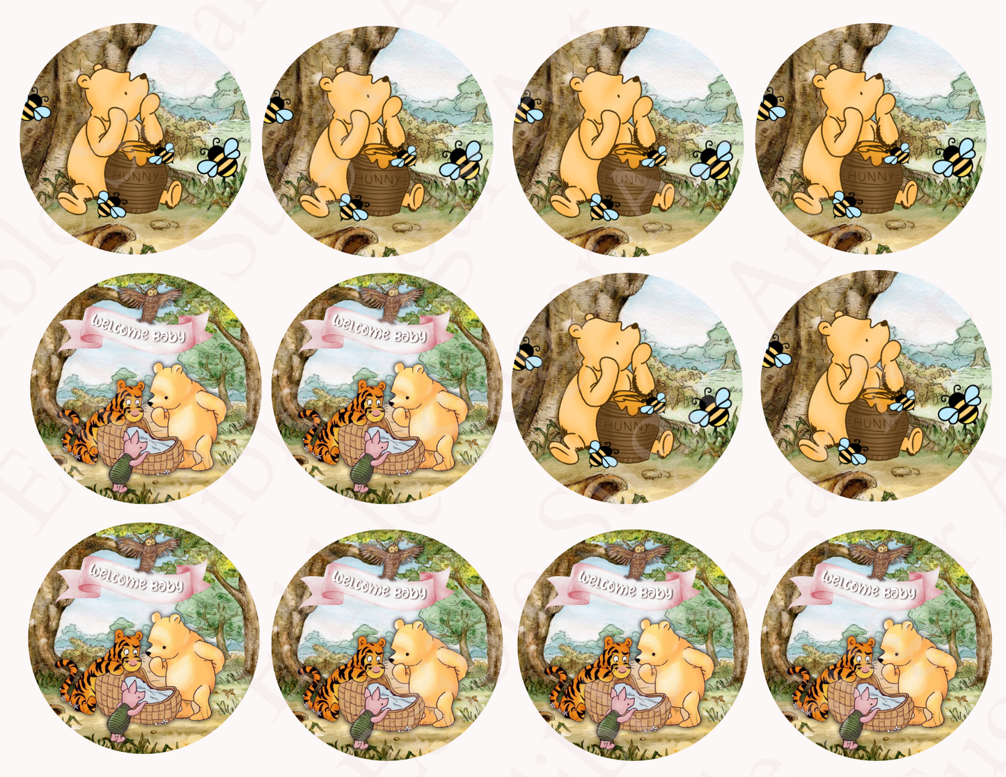 POOH BEAR CUPCAKE Toppers Baby Shower Cupcake toppers Pooh bear baby shower cake Vintage Pooh bear Cupcake toppers Edible Cupcake toppers