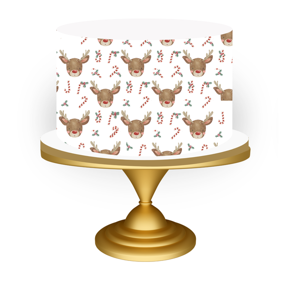 Decorative cake with reindeer and candy cane pattern on a white background