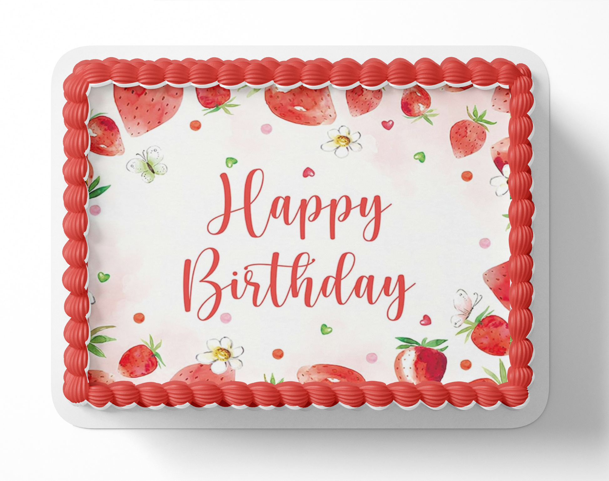Rectangular cake with 'Happy Birthday' text and strawberry design on a white background