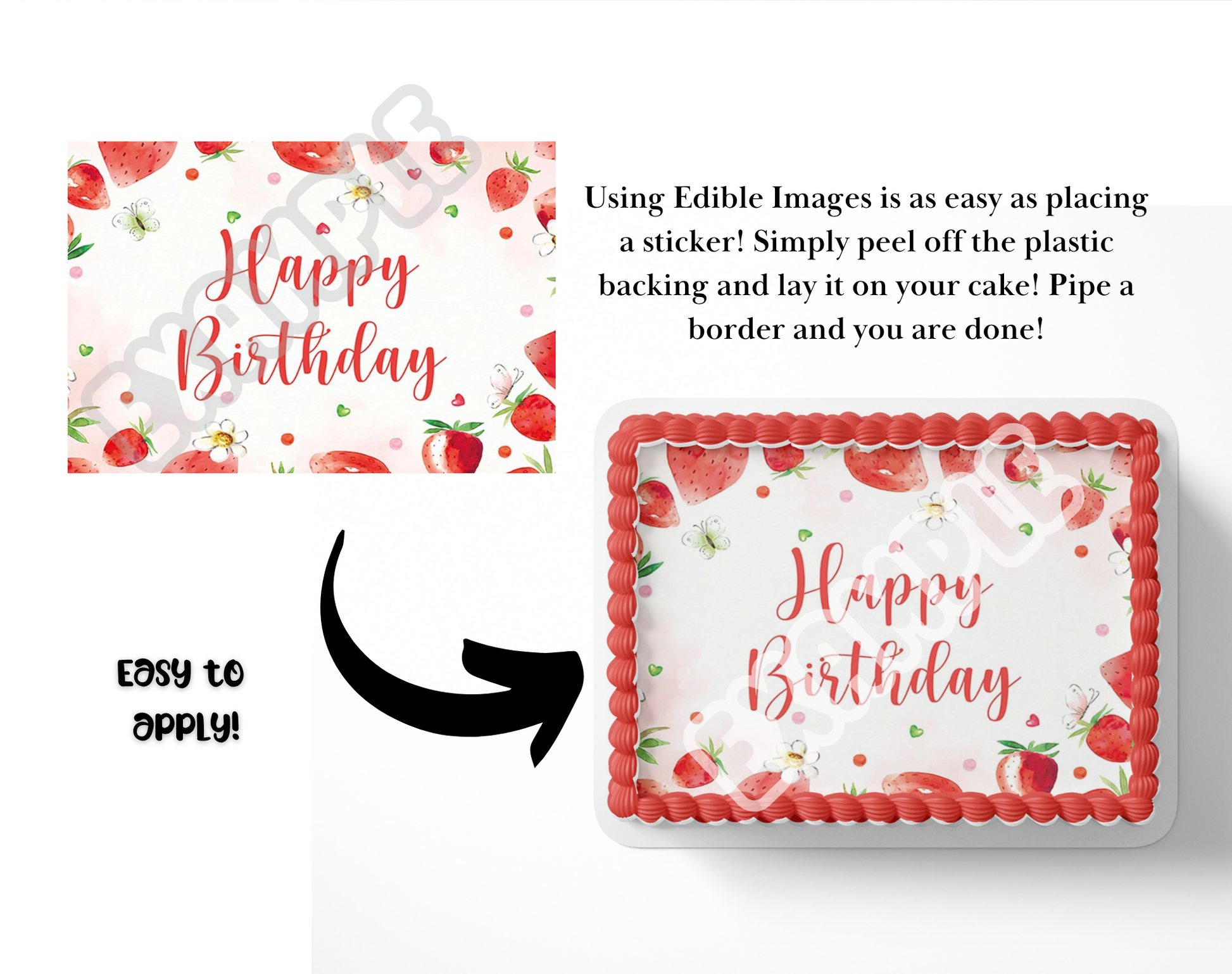 Edible birthday cake topper with strawberry design and 'Happy Birthday' text, featuring an arrow indicating easy application.