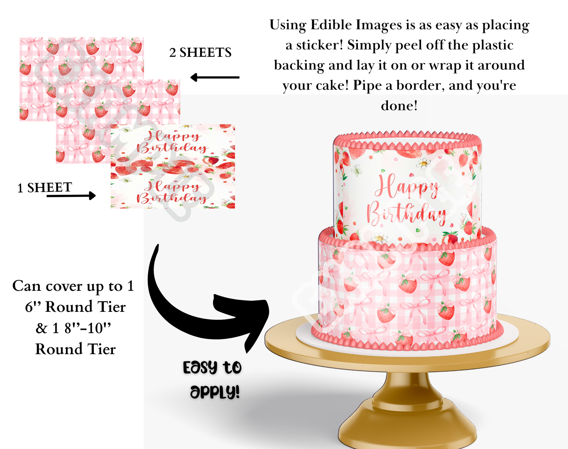 Edible cake topper with strawberry pattern and 'Happy Birthday' text, shown on a cake stand.