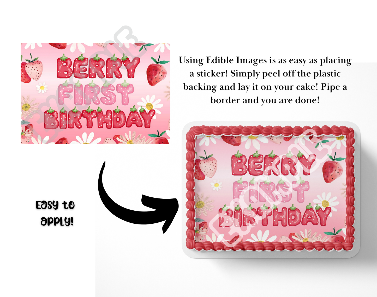 Edible 'Berry First Birthday' cake topper with strawberry design on a white background