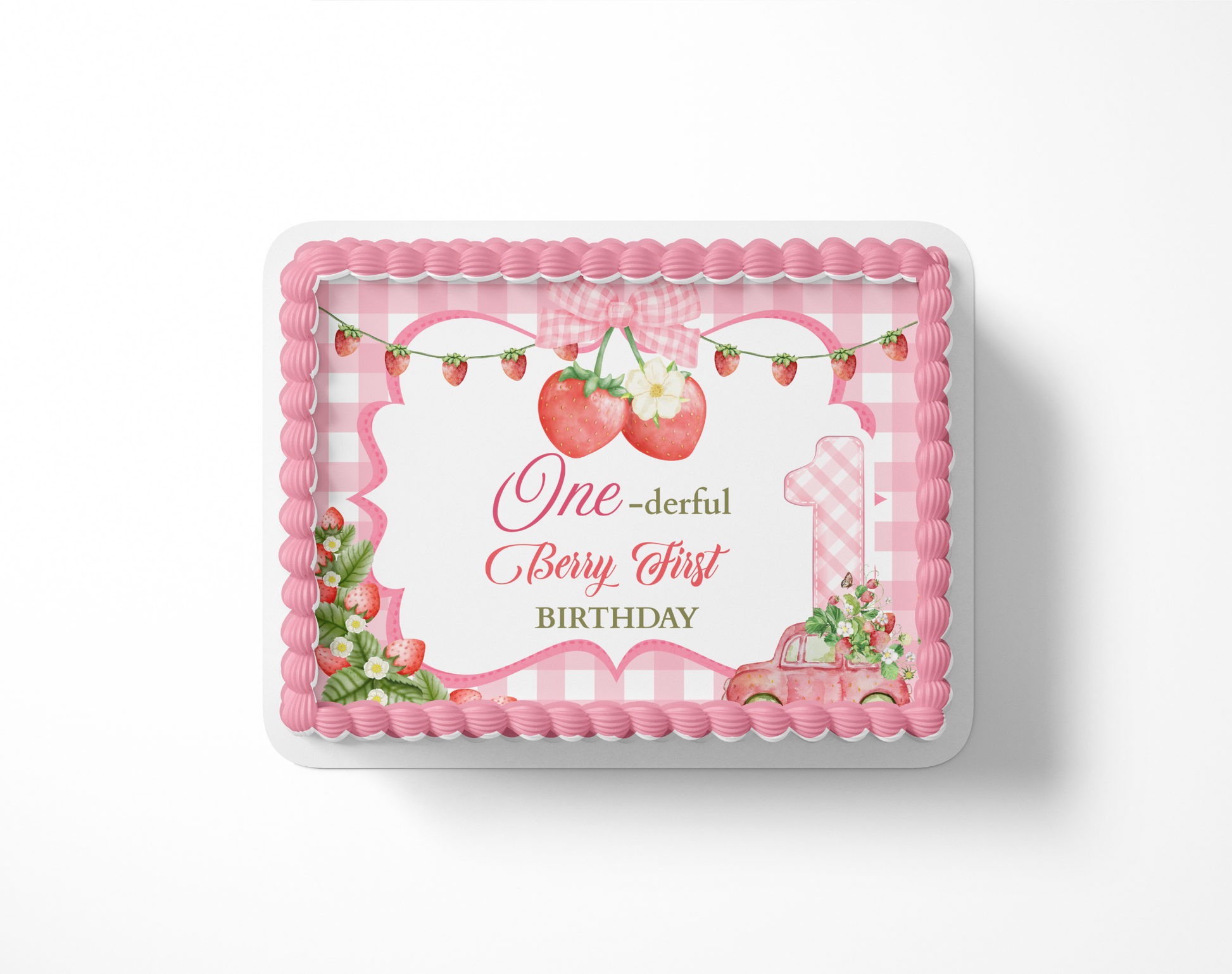 Decorative birthday cake topper with pink border and strawberry design on a white background