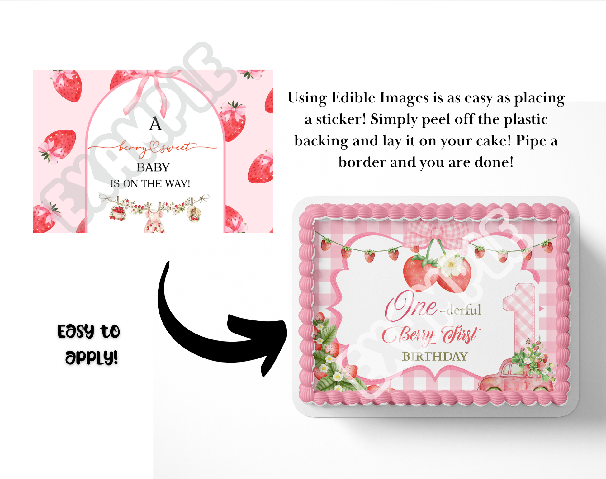 Edible cake topper with strawberry design and text, shown with a plastic backing and application instructions.
