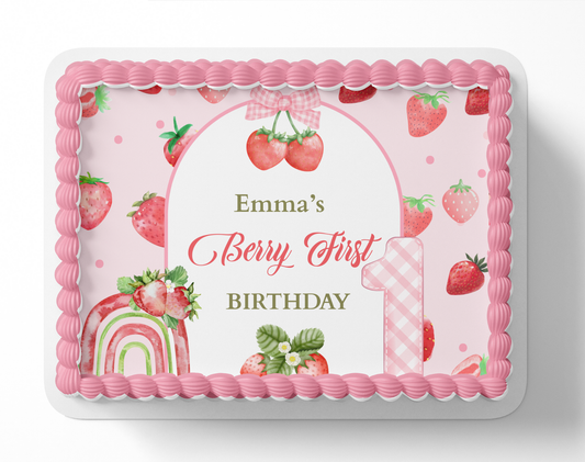 Personalized birthday cake topper with strawberry design and text 'Emma's Berry First Birthday' on a white background.