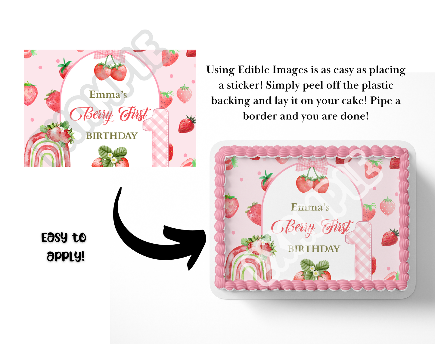 Edible image for a birthday cake with strawberry theme and text 'Emma's Berry First Birthday'.