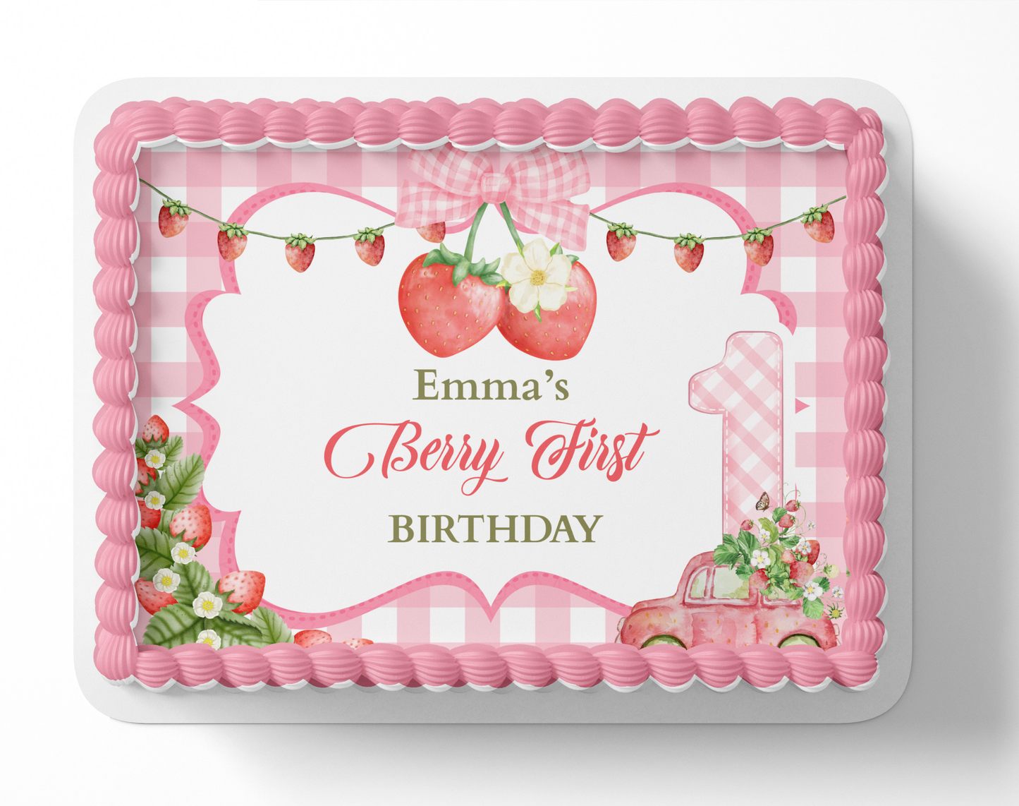 Pink birthday cake with strawberry design and text 'Name Berry First Birthday' on a white background