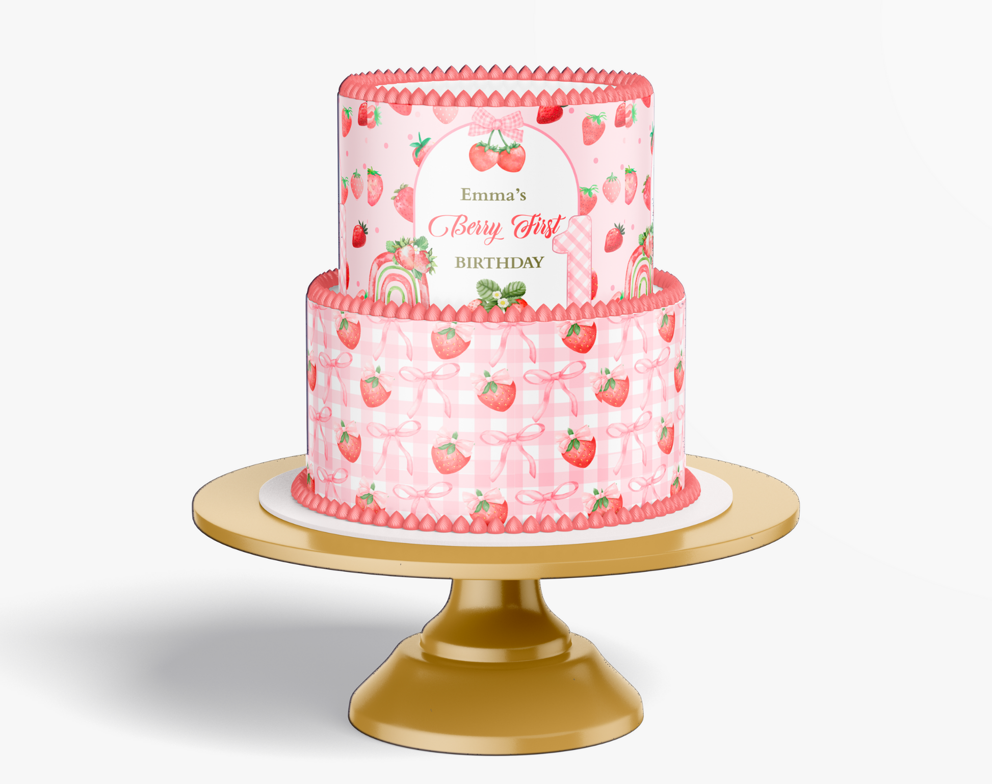 Two-tiered pink birthday cake with strawberry pattern on a gold cake stand against a white background