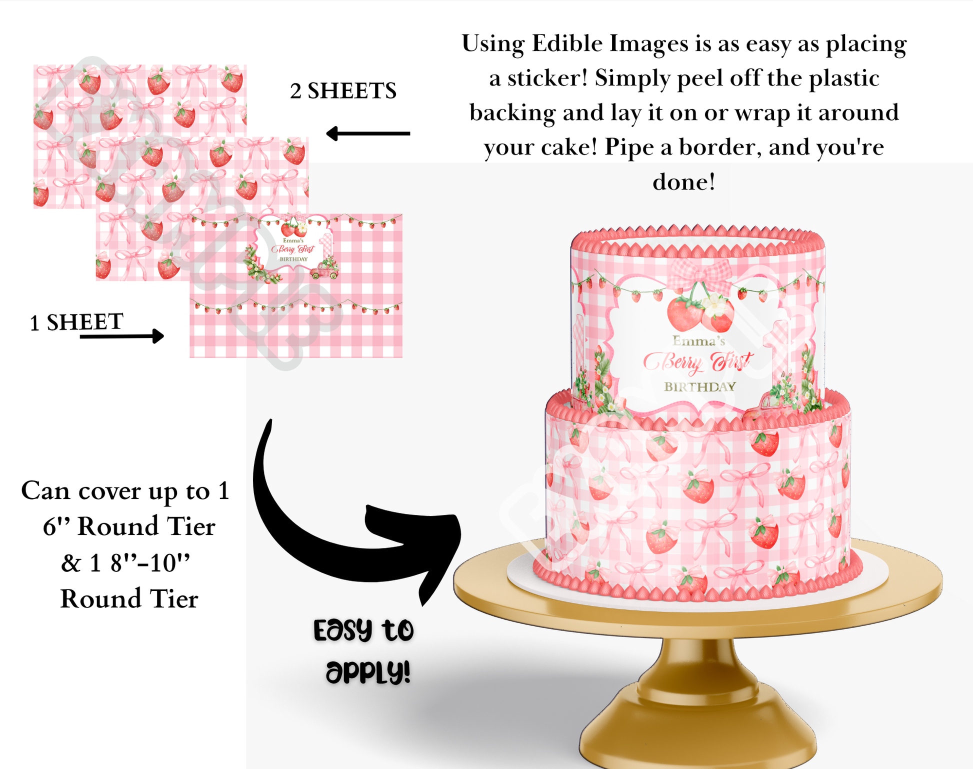 Edible cake border with strawberry design on a cake stand, showing application instructions.
