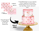 Edible cake border with strawberry design on a cake stand, showing application instructions.