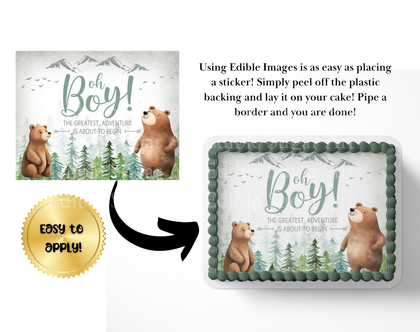 Let the adventure begin baby shower cake topper, the greatest adventure is about to begin, adventure awaits baby shower, cake topper, woodland cake topper, woodland baby shower, edible image, edible sugar art