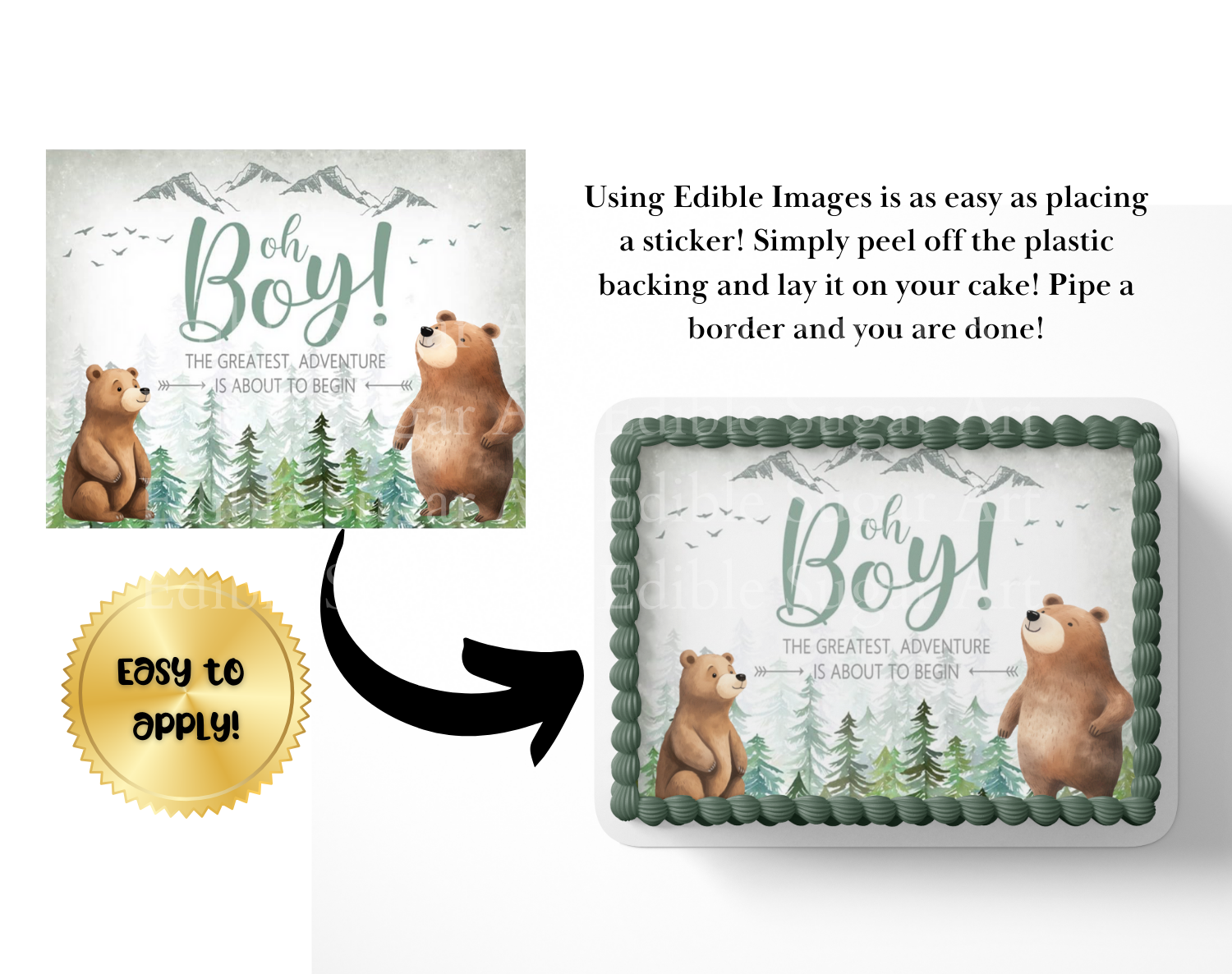 Let the adventure begin baby shower cake topper, the greatest adventure is about to begin, adventure awaits baby shower, cake topper, woodland cake topper, woodland baby shower, edible image, edible sugar art