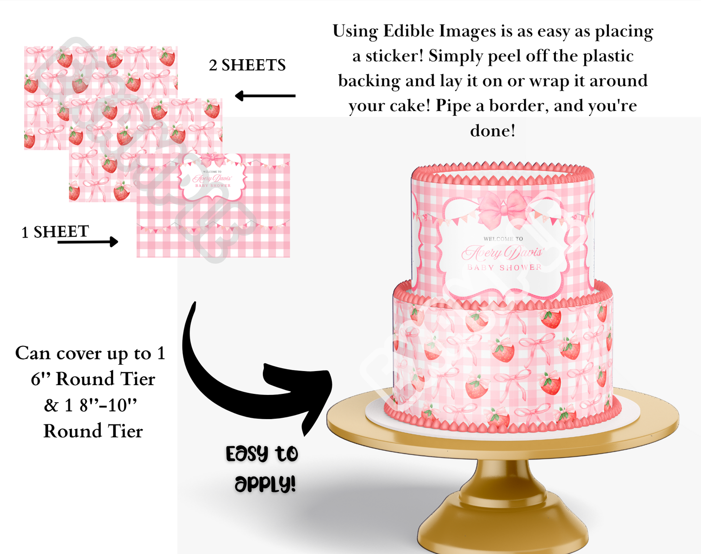 Edible image packaging for a cake with strawberry and gingham design, showing how to apply it on a cake.