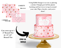 Edible image packaging for a cake with strawberry and gingham design, showing how to apply it on a cake.