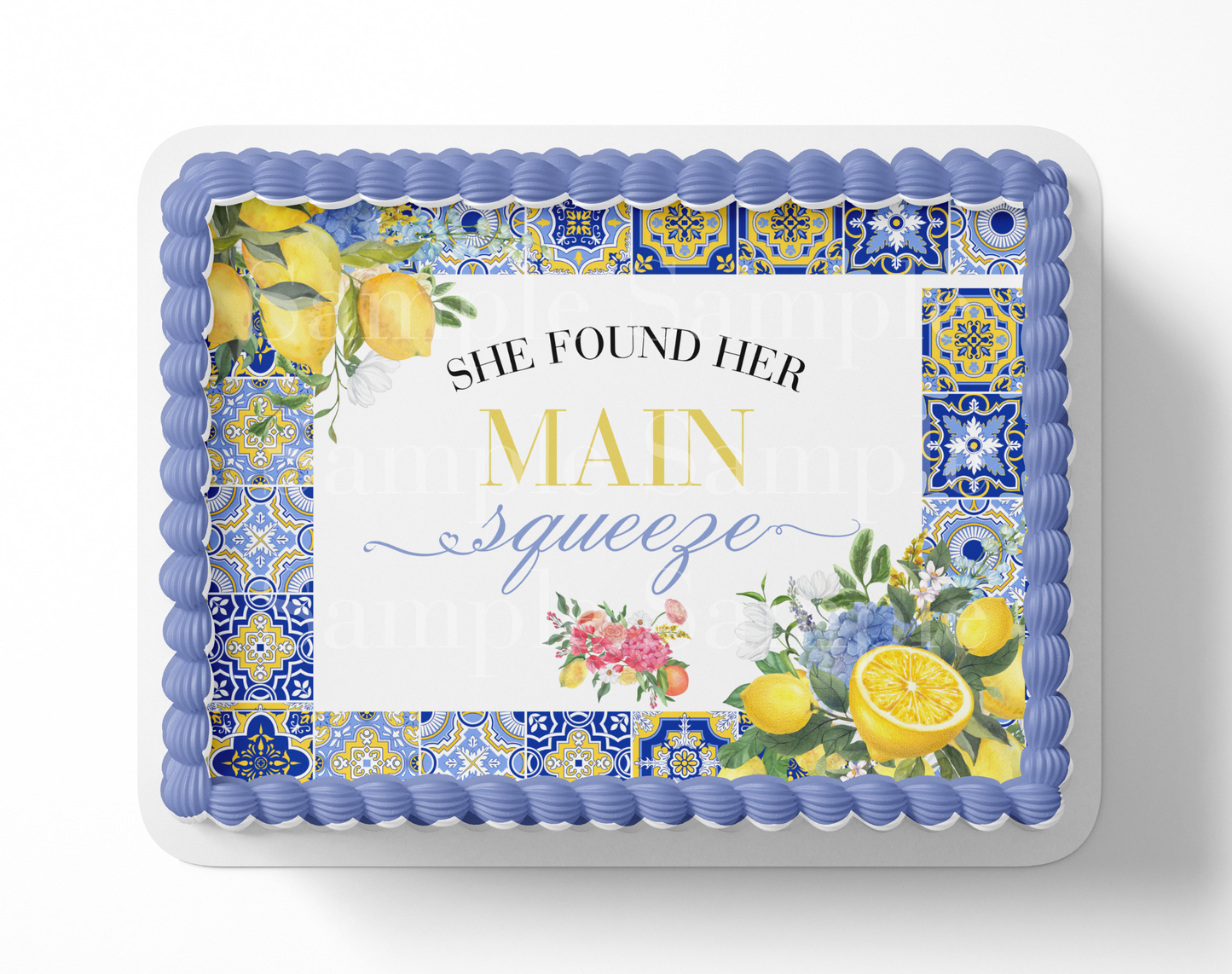 Mediterranean Tile Lemon Bridal Shower Edible Cake Topper – Customizable, Perfect for Amalfi Coast or Italian Theme