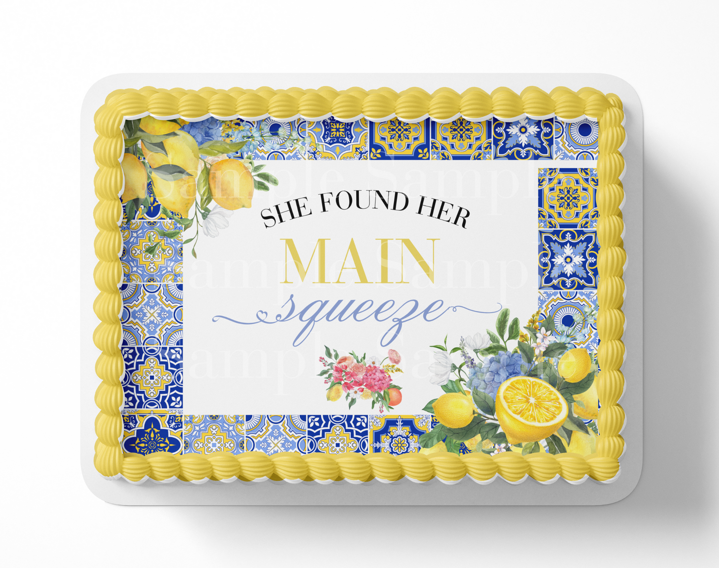 Mediterranean Tile Lemon Bridal Shower Edible Cake Topper – Customizable, Perfect for Amalfi Coast or Italian Theme