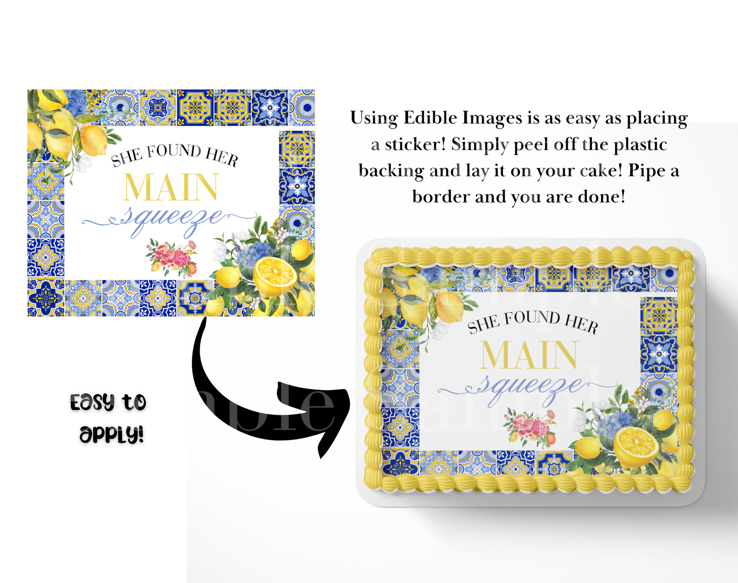 Mediterranean Tile Lemon Bridal Shower Edible Cake Topper – Customizable, Perfect for Amalfi Coast or Italian Theme