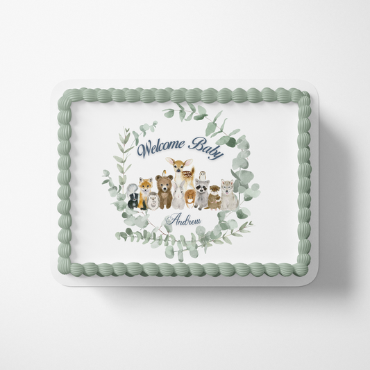 WOODLAND BABY SHOWER Cake topper edible image customizable BABY BOY WOODLAND CAKE