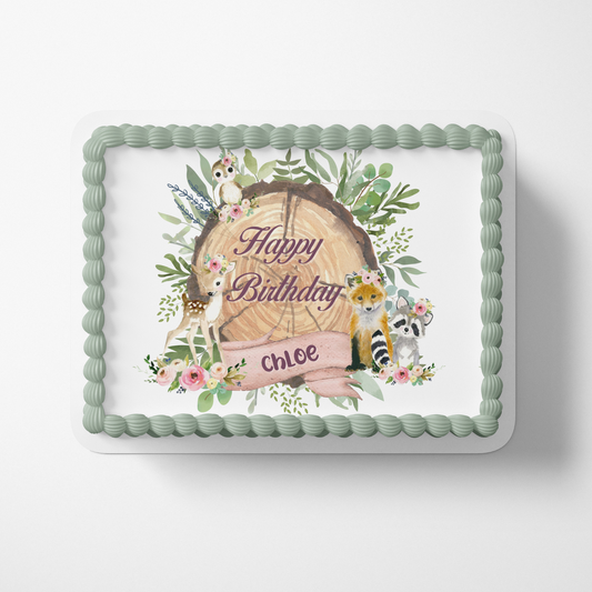 WOODLAND BABY SHOWER Cake topper edible image customizable BABY GIRL WOODLAND CAKE